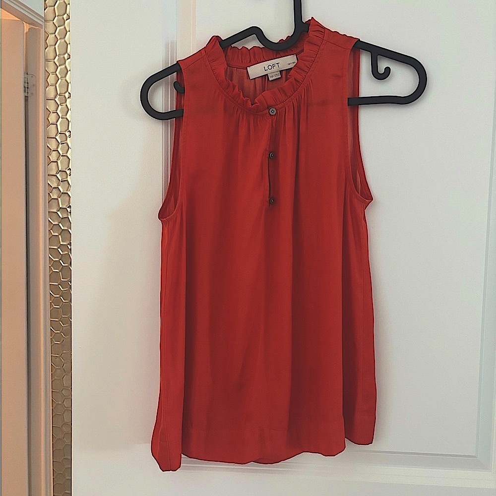 LOFT Red Ruffled Sleeveless Blouse with Mandarin Collar, like new condition
